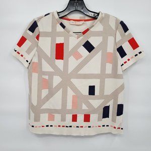 Tory Burch Women Cream Color Block Geometric V Neck Boxy Short Sleeve Top Small